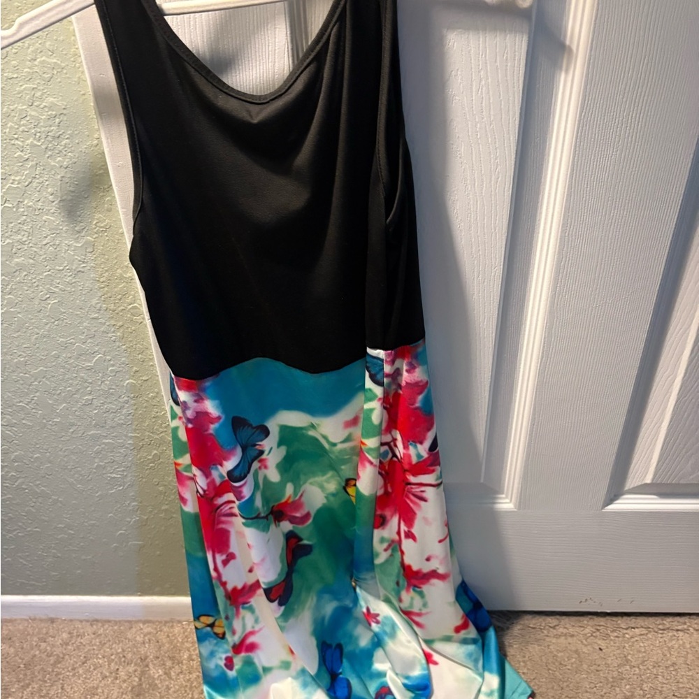 Floral Sleeveless Dress - Black and Multicolor